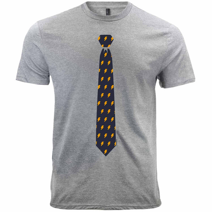 A dark blue lightning bolt necktie design on a light gray t-shirt