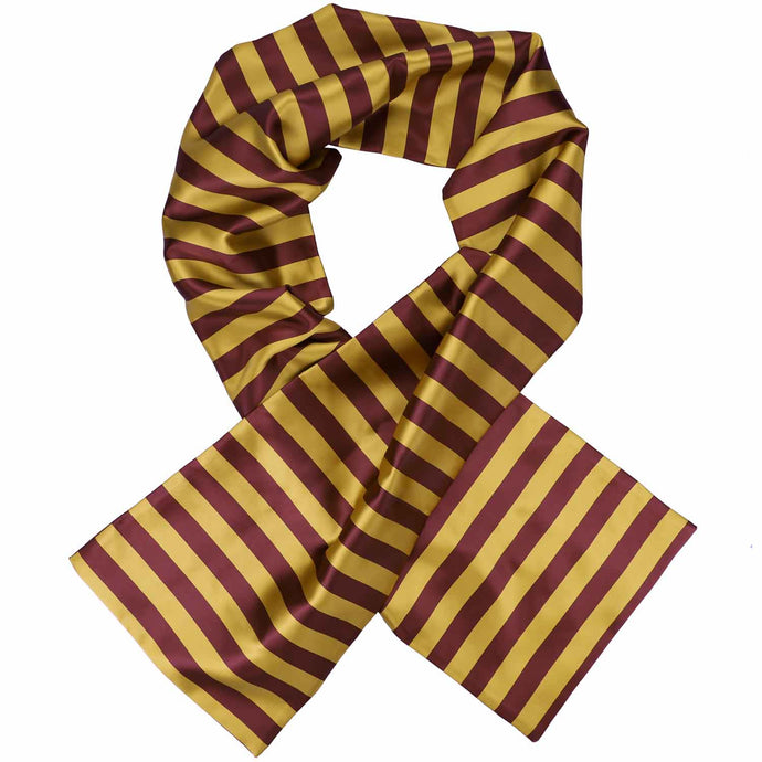 Maroon and gold striped tie, crossed over