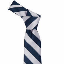 Load image into Gallery viewer, Knot on a navy and silver striped tie