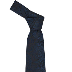 Tied knot on a navy blue paisley necktie