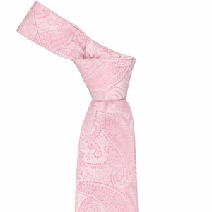 The knot on a pale pink paisley tie