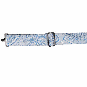 Band collar on a pastel blue paisley bow tie