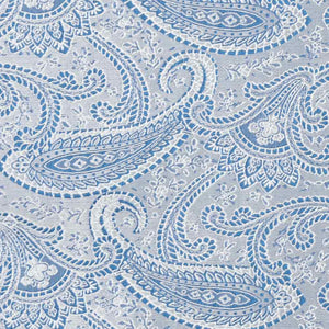 Closeup of a pastel blue paisley pattern