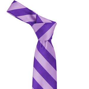 Knot on a purple and lavender striped tie