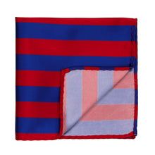 Load image into Gallery viewer, Red and royal blue striped pocket square with the corner flipped up to show one-sided stripes