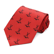 Load image into Gallery viewer, A red men&#39;s hockey necktie with a crossed stick and puck design