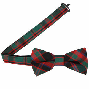 Open band collar on a red and green plaid bow tie