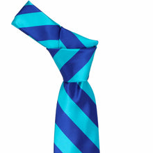 Load image into Gallery viewer, Knot on a royal blue and turquoise striped tie