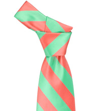 Load image into Gallery viewer, Knot on a seafoam and bright coral striped tie