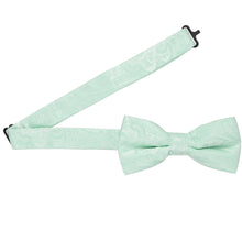 Load image into Gallery viewer, Open band on a seafoam paisley bow tie