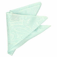 Load image into Gallery viewer, Folded seafoam paisley pocket square