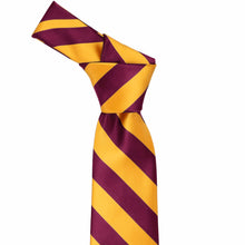 Load image into Gallery viewer, Knot on a shocking violet and golden yellow striped tie