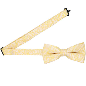 Open band collar on a soft yellow paisley bow tie