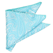 Load image into Gallery viewer, Folded turquoise paisley pocket square