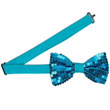 Load image into Gallery viewer, Turquoise bow tie covered in matching sequins with the band collar open