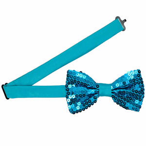 Turquoise bow tie covered in matching sequins with the band collar open