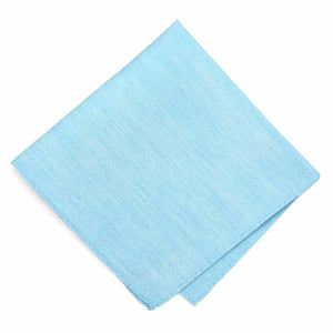 A folded light aqua pocket square with a linen texture