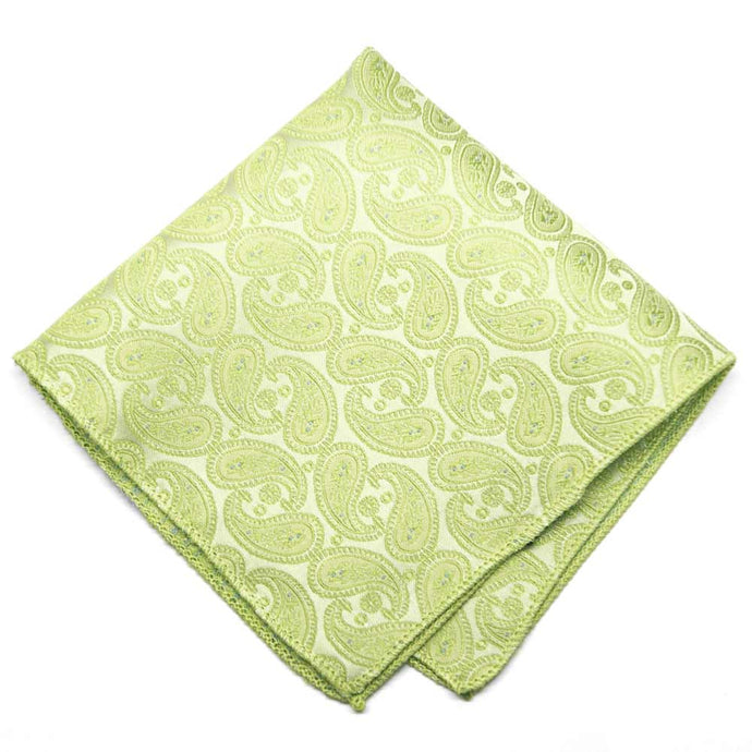 Bright green paisley pocket square, flat front view