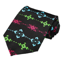 Load image into Gallery viewer, Bright colorful tribal print on a black tie