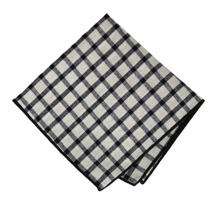 Black and Beige Window Pane Plaid Cotton Pocket Square