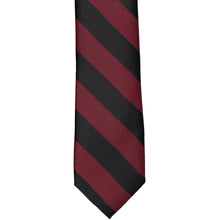 Load image into Gallery viewer, Burgundy and black striped slim tie, laid out flat