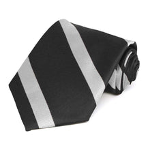 Load image into Gallery viewer, Rolled view of an extra long black and silver striped tie