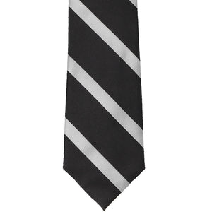 Front view of a black and silver striped extra long tie