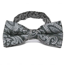 Load image into Gallery viewer, Black and silver paisley bow tie, front view