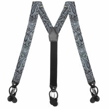 Load image into Gallery viewer, Black and silver paisley suspenders, flat front view to show clips and straps