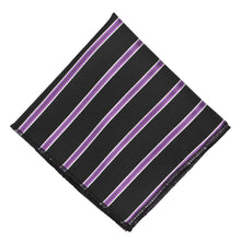 Load image into Gallery viewer, Black and purple striped pocket square, flat front view