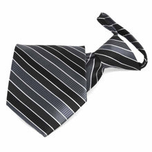 Load image into Gallery viewer, Front folded view of a black, gray and white striped zipper style tie