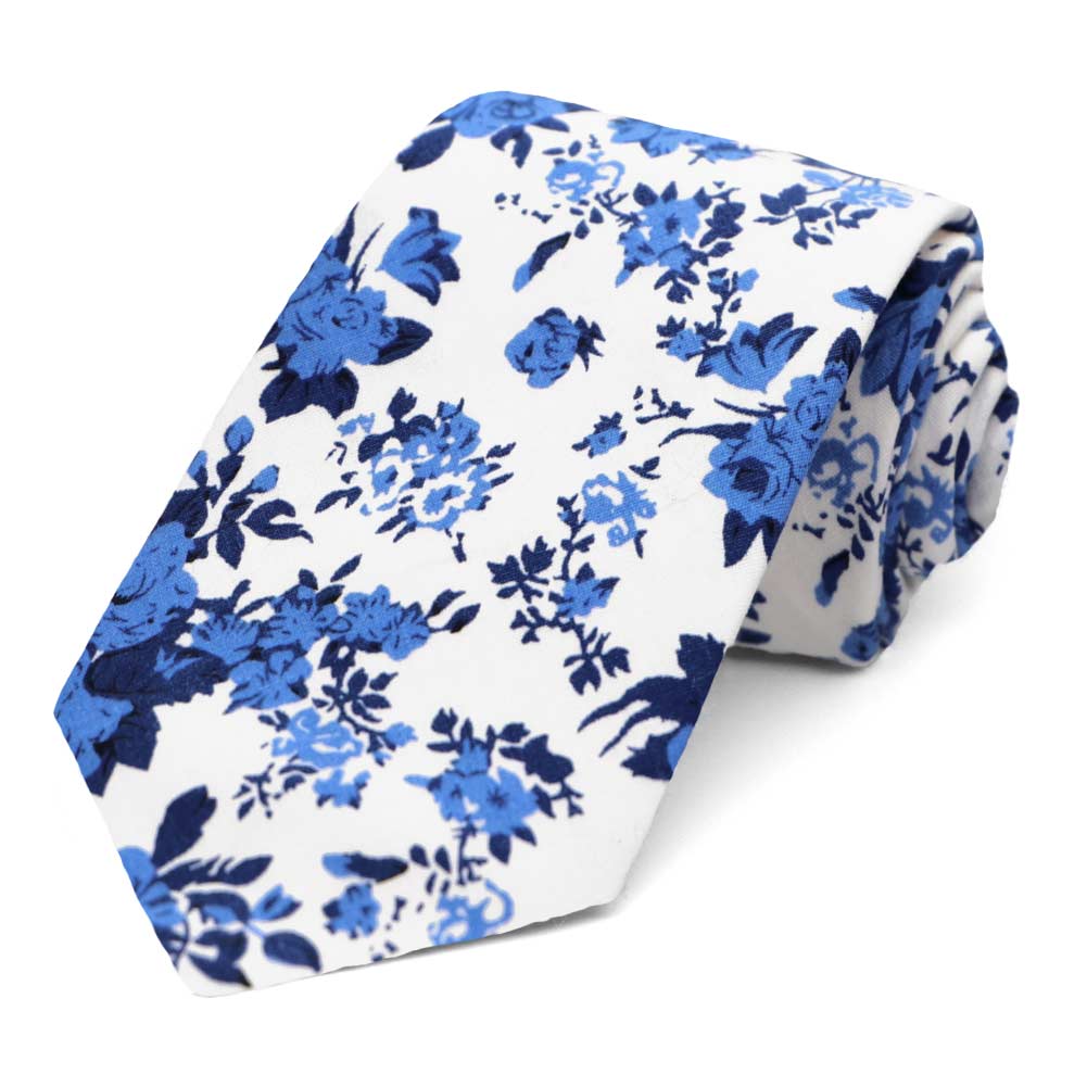 Blue and White Floral Cotton Necktie | Shop at TieMart – TieMart, Inc.