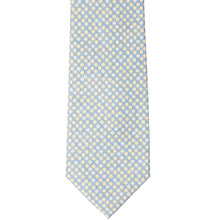 Load image into Gallery viewer, The front view of a blue, white and yellow polka dot extra long tie