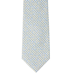 The front view of a blue, white and yellow polka dot extra long tie