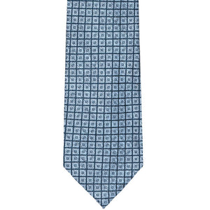 Flat front view of a blue on blue square grid pattern necktie