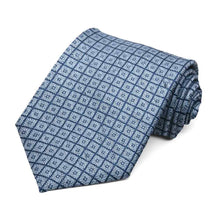 Load image into Gallery viewer, Rolled view of a blue on blue square grid pattern necktie