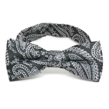 Load image into Gallery viewer, Boys&#39; black and silver paisley bow tie, front view