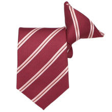 Load image into Gallery viewer, Boys&#39; burgundy and pink striped clip-on tie, folded front view  Edit alt text