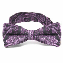 Load image into Gallery viewer, Boys&#39; eggplant paisley bow tie, close up front view