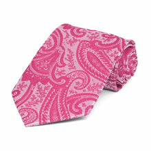 Load image into Gallery viewer, Boys&#39; bright fuchsia paisley necktie, rolled to show pattern up close