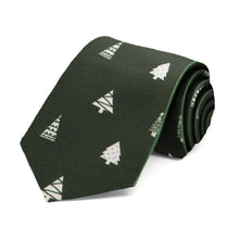 Load image into Gallery viewer, A dark green boys tie with white decorated Christmas trees scattered throughout