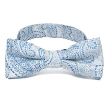 Load image into Gallery viewer, Boys&#39; light blue paisley bow tie, close up front view