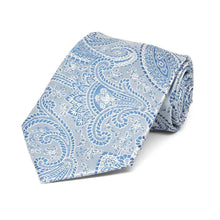 Load image into Gallery viewer, Boys&#39; light blue paisley necktie, rolled to show pattern