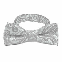 Load image into Gallery viewer, Boys&#39; silver paisley bow tie, close up front view