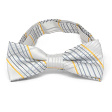 Load image into Gallery viewer, Boys&#39; silver and gold plaid bow tie, front view to show off pattern