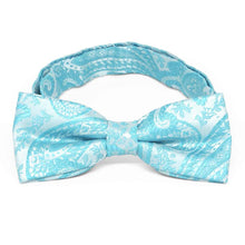 Load image into Gallery viewer, Boys&#39; turquoise paisley bow tie, close up front view