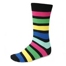 Load image into Gallery viewer, Men&#39;s colorful horizontal striped socks in black, fuchsia, green, yellow, blue and aqua