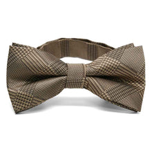 Load image into Gallery viewer, Light brown plaid bow tie, close up front view