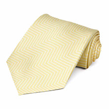 Load image into Gallery viewer, Light yellow and white chevron striped tie, rolled to show pattern up close