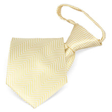 Load image into Gallery viewer, Light yellow and white chevron striped zipper tie, folded front view to show texture